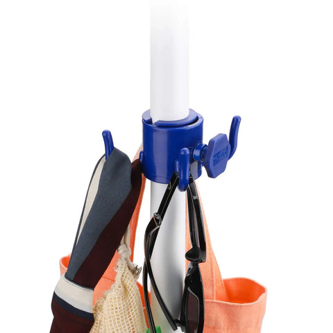 Close-up of blue hook holding towels and sunglasses on a pole. Part of Beach Umbrella Sand Anchor Heavy Duty Outdoor Stand Base system.