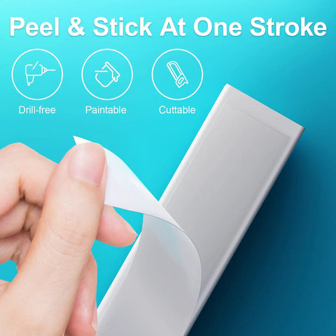 Peel and stick installation of white cord hider kit for wall mounted TV cables, easy cable management concealer