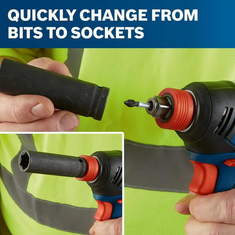 Close-up of Two In One Cordless Impact Driver And Wrench 18V showing bit and socket attachment for quick change feature.
