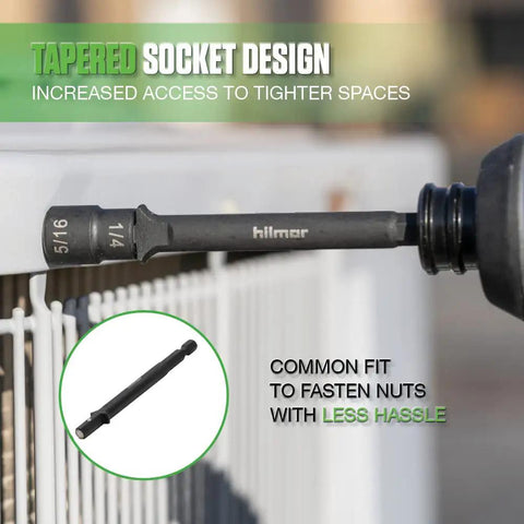 Close-up of a Workhorse 4 Inch One Quarter And Five Sixteenths Reversible Magnetic Nut Driver in use, showing tapered socket design.