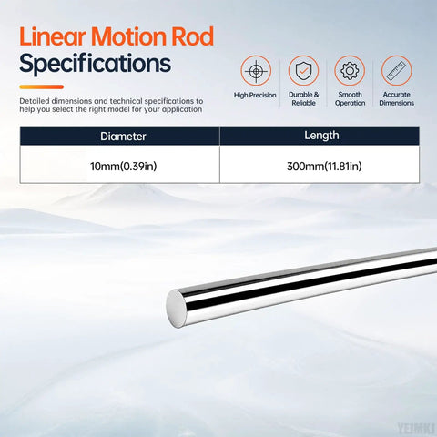 Precision Ground 2pcs 10mm X 300mm Linear Motion Rods Shaft Guide Rail specifications, highlighting diameter and length.
