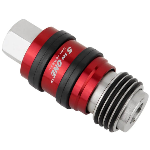 Heavy Duty Five In One Universal Safety Exhaust Quick Connect Industrial Coupler for air venting, 1/4 and 1/8 inch size.