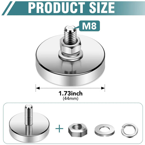 Beefy Neodymium Round Magnet With M8 Thread Mounting Hardware 200 Lb Pull, Corrosion Resistant Steel Base, 44mm Diameter, 8 Packs