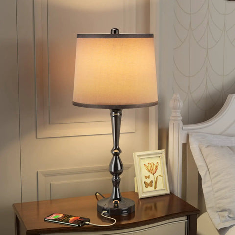 Industrial USB Table Lamp Set Of 2 With Dope Dual USB Charging Ports, Gray Bedside Lamp on nightstand with phone charging
