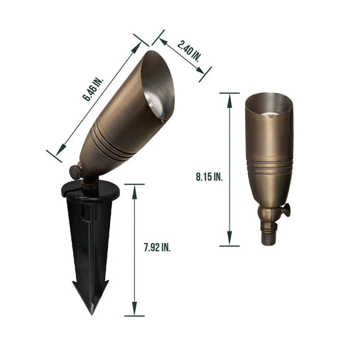 Beefy Solid Brass Landscape Spotlight With 5W MR16 LED Bulb, Low Voltage Outdoor Uplight with measurements, brass and black finish