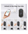 Straight Up Secure Keyless Entry Deadbolt Lock With Fast Fingerprint Scan Bluetooth App Control And Password Backup Key showing app and unlock methods.