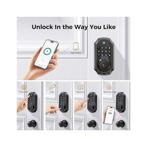 Straight Up Secure Keyless Entry Deadbolt Lock With Fast Fingerprint Scan Bluetooth App Control And Password Backup Key showing app and unlock methods.