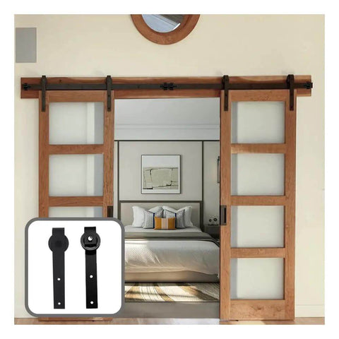 Sliding Barn Door Hardware Kit With J Shaped Hangers For 4 To 9.6 Ft Double Doors In Black Finish, installed in bedroom