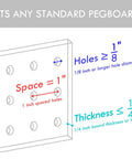 Diagram showing pegboard specifications: 1-inch spaced holes, 1/8 inch or larger hole diameter, and 1/4 inch thickness or less.