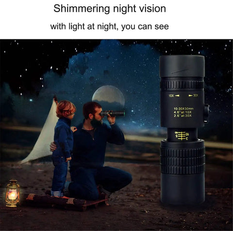 4K 10-300X40mm Monocular Telescope with Night Vision in use by camper under starry sky, showcasing Beast Mode High Power Scope features.