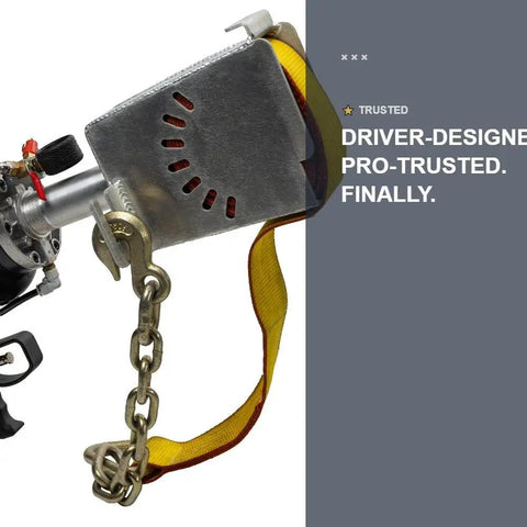 Heavy Duty Pneumatic Strap Launcher For Flatbed Trucks showing air powered winch tool with safety strap and metallic body.