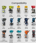 Compatibility chart showing various router models including Ryobi, DeWalt, Milwaukee, Bosch, and Ridgid, compatible with 10 In 1 Trim Router Jig For Circle Cutting And Edge Guide Mortise And Rabbet Trimming Multi Function Router Base With Stable Freehand Control And Customization Through M6 And M4 Threads.