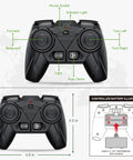 Remote Control for Harvester Tractor with diagram showing buttons and battery compartment for 2.4GHz RC Farm Vehicle Toy.