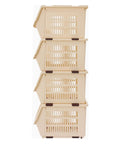 4 Pack Stacking Storage Baskets Featuring Open Front Design Effortless Grab and Go Beige Home Organization Essentials No Cap Your Pantry Will Thank You For This Clean Sweep Setup 11X13.8X8.7, beige bins stacked vertically.