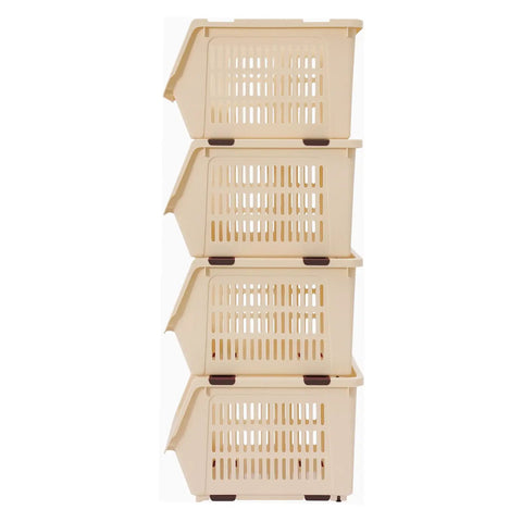 4 Pack Stacking Storage Baskets Featuring Open Front Design Effortless Grab and Go Beige Home Organization Essentials No Cap Your Pantry Will Thank You For This Clean Sweep Setup 11X13.8X8.7, beige bins stacked vertically.