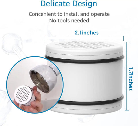 Close-up of a shower filter replacement cartridge for Culligan WHR-140 with Pro Grade KDF, showing dimensions 2.1 x 1.7 inches.