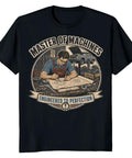 Rad Vintage Engineer T-Shirt With Blueprint Garage Design For Real Mechanics And Fabrication Geeks Who Love Drawing Sketches And Building Cool Stuff In The Shop Or At Home displayed on a black tee featuring an illustration of a mechanic drawing blueprints.