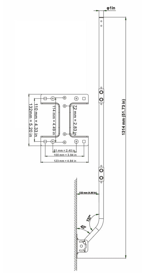 Beefy Universal Outdoor Mounting Pole For TV Antenna And Weather Station, Heavy Duty Aluminum Bracket dimensions diagram