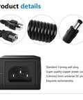 Six Pack 24V Power Supply 3A 72W AC DC Adapter details showing plug, cable, and outlet connection