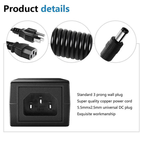 Six Pack 24V Power Supply 3A 72W AC DC Adapter details showing plug, cable, and outlet connection