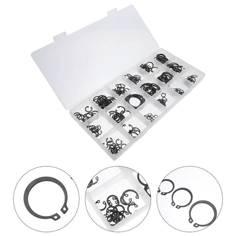 Pro Grade 225 Piece Carbon Steel C Shape External Snap Ring Kit For Industrial Shafts And Mechanical Assembly in open box display