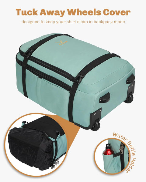 Mint green Hynes Eagle rolling backpack 42L with wheels, airline carry-on luggage.