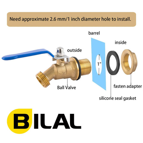 Brass Rain Barrel Spigot With Three Quarter Inch GHT Male Thread Quarter Turn Ball Valve and Bulkhead Fitting assembly diagram