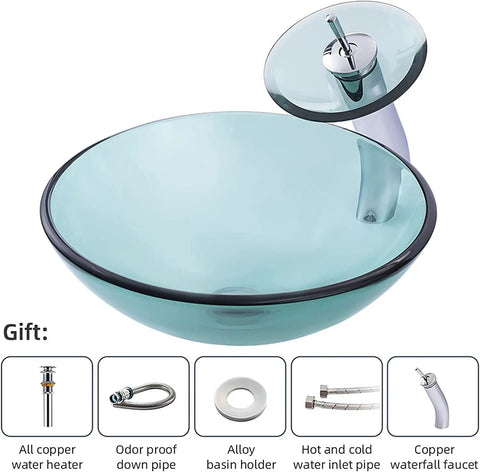 UMJIGF Tempered Glass Vessel Sink with Faucet and Drain Combo for Modern Bathroom Countertops featuring a round glass bowl and waterfall faucet.