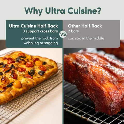 Comparison of Ultra Cuisine half rack with 3 support bars and another rack with 2 bars, showcasing stability with 304 stainless steel cooling racks.