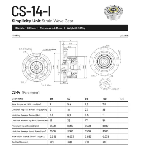 CSF14I Harmonic Drive Strain Wave Gear Reducer engineering specs and dimensions for automation robots