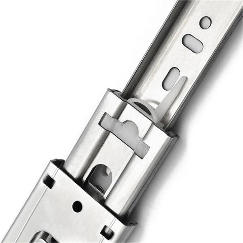 Close-up of Stainless Steel Drawer Slides With Soft Close Ball Bearing Glide, 10 To 22 Inch Extension, Three Section Rails