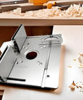 Top Shelf Aluminum Router Table Insert Plate Featuring Precision Accuracy Scale Hella Durable Aluminum Construction Perfect Fit For Custom Woodworking Bench Setups, detailed view showing mounting surface and scale.