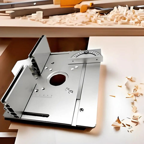Top Shelf Aluminum Router Table Insert Plate Featuring Precision Accuracy Scale Hella Durable Aluminum Construction Perfect Fit For Custom Woodworking Bench Setups, detailed view showing mounting surface and scale.