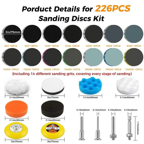 All In One 226 Piece 3 Inch Sanding Disc Kit For Wet And Dry Use With Assorted Grits From 60 To 10000 shown with various pads and attachments