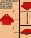 Six-piece red magnetic welding holder set; steel fixed-angle soldering positioners with powder-coated finish (front view).