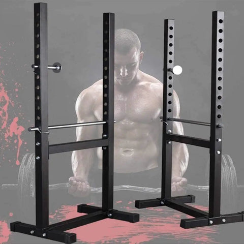 Adjustable Squat Rack and Bench Press Station for Home Gym, sturdy steel build with adjustable height, ideal for strength training.