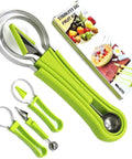 4 In 1 Stainless Steel Fruit Carving Tools Set with Melon Baller Scoop, Watermelon Knife, V-Shaped Carving Tools in Green