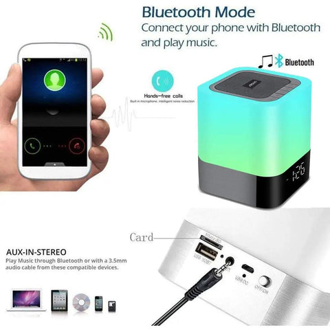 All In One Night Light Bedside Lamp With Bluetooth Speaker Digital Alarm Clock Touch Control And 48 Color RGB LED Lights Dimmable