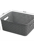 Pack Of Six Gray Plastic Storage Baskets, Durable Stackable Organizer Bins, 10.03 In By 7.59 In By 4.09 In, shown from side angle