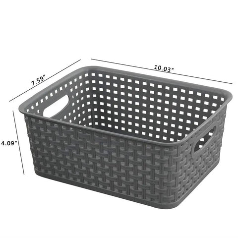 Pack Of Six Gray Plastic Storage Baskets, Durable Stackable Organizer Bins, 10.03 In By 7.59 In By 4.09 In, shown from side angle