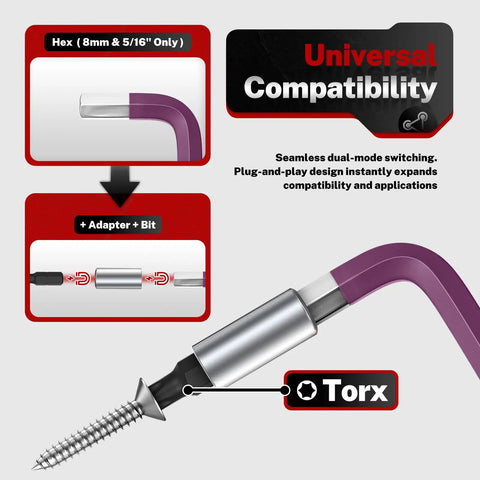Magnetic Ball End Allen Wrench Set With Color Coded And Extra Long Arms, adapter and bit showing universal compatibility