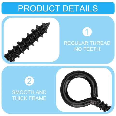 Heavy Duty Black Screw Eyes One Inch Iron Loop Hooks For Diy Crafts And Photo Display showing screw with regular thread and loop design.