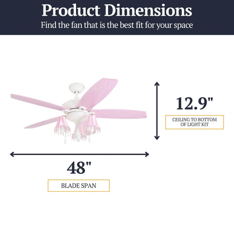 48 Inch Princess Style Indoor LED Ceiling Fan With Light, pink and white shades, illustrated dimensions 48 inch blade span