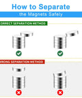 Illustration showing correct and wrong separation methods for 100 Pack Tiny Round Neodymium Magnets 10x3 Millimeters For Crafts DIY