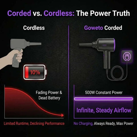 Chart comparing cordless vs corded electric air duster and blower for keyboard, PC and electronics, showing power levels and airflow.