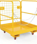 Built Tough Heavy Duty Forklift Safety Cage Solid Steel Worker Basket Platform 1150 Lbs with chain tie downs and caster wheels.