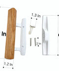 Sliding Patio Door Handle Replacement Set With Wood Interior Pull And White Zinc Diecast Pull And Chrome Plated Brackets Fits Three Point Nine Seven Five Inch Screw Hole Space Non Key Design White Brackets Cost Effective Upgrade For Worn Or Broken Patio shown with dimensions and components.