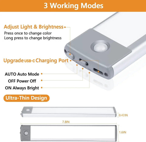 Close-up of Under Cabinet Lights 2-Pack Wireless Magnetic Motion Sensor USB-C Rechargeable, showing modes and controls.