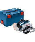 Badass 18V Cordless Brushless Circular Saw With Slick Six Point Five Inch Blade And Rock Solid Aluminum Shoe For Fast Rip And Cross Cuts Without Battery Or Charger Ready To Smash Through Lumber next to blue Bosch storage box.