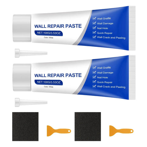 Wall Repair Kit With Quick Drying Putty Filler, Scraper And Sandpaper, DIY Friendly Fix For Holes And Cracks On Drywall Or Concrete, Low Odor, Smooth Finish For Your Living Rooms And Offices At Home, featuring two tubes of wall repair paste, sandpaper sheets, and scrapers.